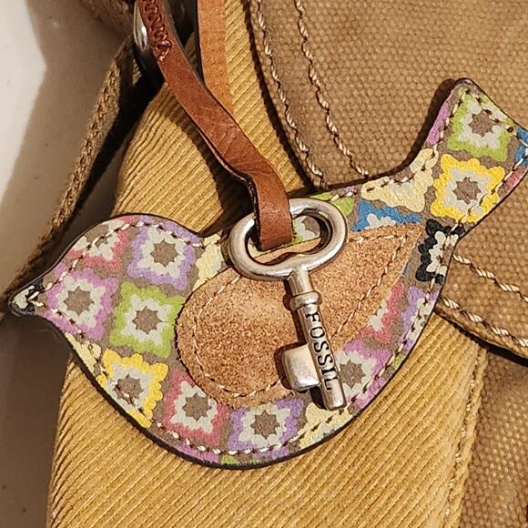 FOSSIL Boho Velour Messenger Bag Bird Bag Charm Leather Accents Y2K 90s Hippie - Picture 12 of 13
